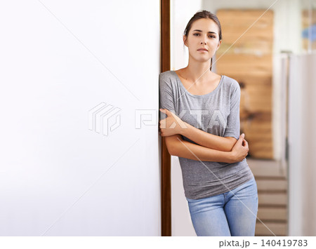 Portrait, woman and house with confidence on doorway for break, leisure and relax with me time in living room. Mockup, female person and home as housewife to chill, cosy and comfort for wellbeing. Portrait, woman and house with confidence on doorway for break, leisure and relax with me time in living room. Mockup, female person and home as housewife to chill, cosy and comfort for wellbeing. 140419783