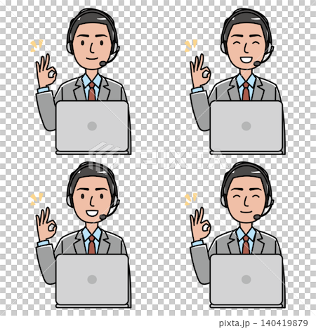 An illustration of a foreign male telephone operator giving an OK sign with a smile. 140419879