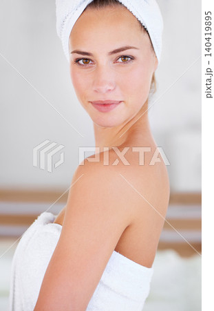 Woman, portrait and wellness at spa for skin care, beauty and cosmetics. Female person, happy lady and relax for lifestyle, body and wellbeing with luxury, treatment and natural glow in Canada 140419895