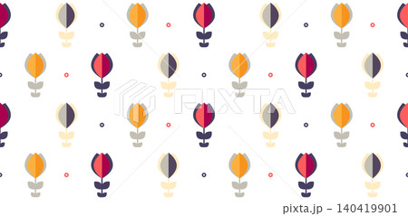 Minimalist floral vector pattern featuring stylized tulips in a repetitive seamless layout Minimalist floral vector pattern featuring stylized tulips in a repetitive seamless layout 140419901