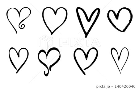 A collection of eight black hand-drawn heart outlines and doodles isolated on white background A collection of eight black hand-drawn heart outlines and doodles isolated on white background 140420040