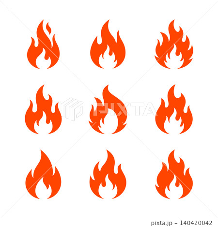 A collection of nine flat red fire flame icons and symbols isolated on a white background 140420042