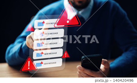 Receiving scam call sms messages with alert icons on a phone screen Receiving scam call sms messages with alert icons on a phone screen 140420496