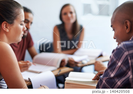 Group, students and university with books for studying, info and solution with thinking, learning and ideas. Men, women and education for exam with notes, pen and reading for development at college Group, students and university with books for studying, info and solution with thinking, learning and ideas. Men, women and education for exam with notes, pen and reading for development at college 140420508