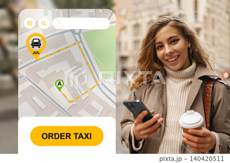 Person uses mobile app to order a taxi in a city at a travel location Person uses mobile app to order a taxi in a city at a travel location 140420511