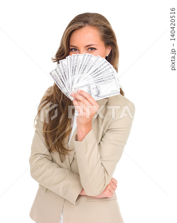 Cash, fan and woman hide face with money on studio, white background and lottery mockup. Professional, person and dollars in hand from giveaway, profit or savings from financial success or investment Cash, fan and woman hide face with money on studio, white background and lottery mockup. Professional, person and dollars in hand from giveaway, profit or savings from financial success or investment 140420516