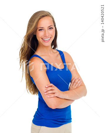 Fashion, crossed arms and portrait of woman on a white background in trendy, stylish and casual clothes. Confident, attractive and person in style for positive attitude, pride and happy in studio Fashion, crossed arms and portrait of woman on a white background in trendy, stylish and casual clothes. Confident, attractive and person in style for positive attitude, pride and happy in studio 140420521