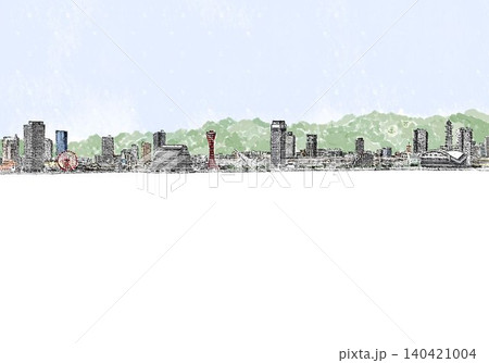 神戸ランドマーク線画(水彩)山空 神戸ランドマーク線画(水彩)山空 140421004