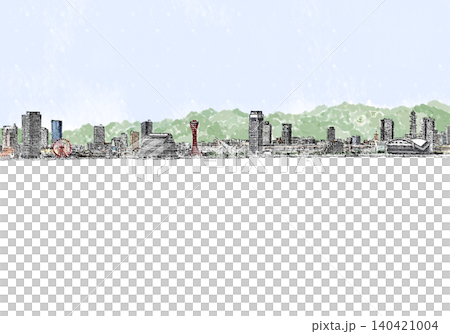 神戸ランドマーク線画(水彩)山空 神戸ランドマーク線画(水彩)山空 140421004