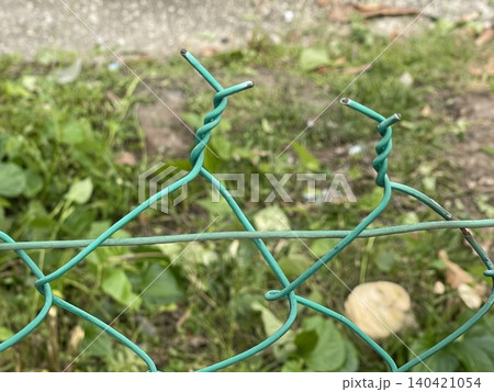 Green coated wire mesh fence close-up Green coated wire mesh fence close-up 140421054