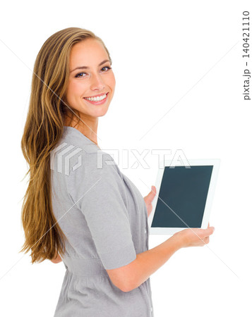 Woman, smile and portrait for tablet, mockup and studio for marketing and placement for brand. Female person, white background and happy for advertising, technology and screen space for logo Woman, smile and portrait for tablet, mockup and studio for marketing and placement for brand. Female person, white background and happy for advertising, technology and screen space for logo 140421110