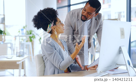 Business people, teamwork and training on computer for help, information or questions in office. Professional manager, paperwork or employee talking for ideas, social media planning or collaboration Business people, teamwork and training on computer for help, information or questions in office. Professional manager, paperwork or employee talking for ideas, social media planning or collaboration 140421211
