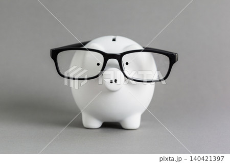 Piggy bank with glasses on a gray background represents savings and financial planning ideas 140421397