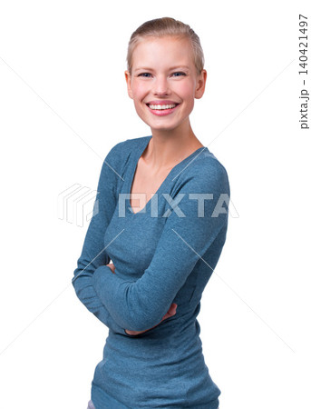 Woman, portrait and excited for fashion, studio and smile for peace and cheerful mood. Female person, style and white background with clothes, apparel and attractive for joy and positive aesthetic Woman, portrait and excited for fashion, studio and smile for peace and cheerful mood. Female person, style and white background with clothes, apparel and attractive for joy and positive aesthetic 140421497