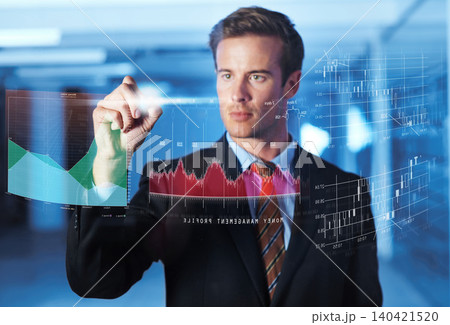 Businessman, finance and hologram of digital interface of analytics for corporate company, profit growth and data statistics. Person, high tech and graph with trading technology for asset management. Businessman, finance and hologram of digital interface of analytics for corporate company, profit growth and data statistics. Person, high tech and graph with trading technology for asset management. 140421520