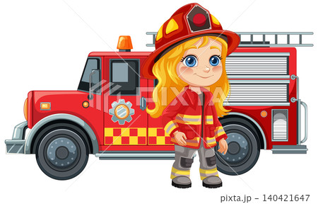 Young Female Firefighter Standing by Fire Truck Illustration Young Female Firefighter Standing by Fire Truck Illustration 140421647