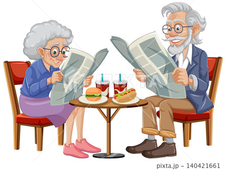 Elderly Couple Reading Newspapers at Cafe Table Elderly Couple Reading Newspapers at Cafe Table 140421661