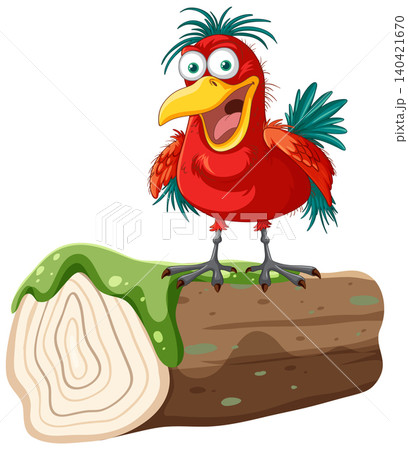 Cartoon Red Bird Character Standing on a Mossy Tree Log Cartoon Red Bird Character Standing on a Mossy Tree Log 140421670
