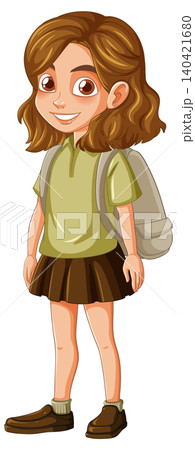 Smiling Schoolgirl with Backpack Standing Upright 140421680