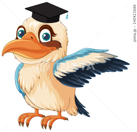 Cartoon Kookaburra Bird Wearing Graduation Cap and Pointing with Wing Cartoon Kookaburra Bird Wearing Graduation Cap and Pointing with Wing 140421686