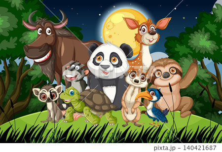 Group of Cartoon Forest Animals Under Full Moon at Night Group of Cartoon Forest Animals Under Full Moon at Night 140421687