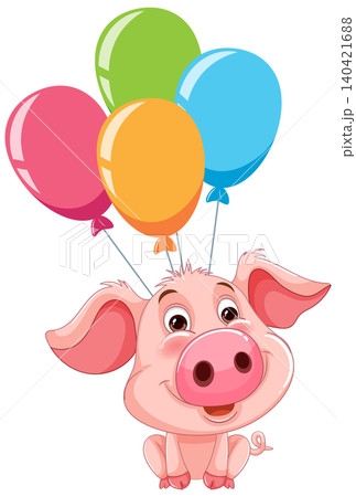 Cute Cartoon Pink Piglet Floating with Colorful Party Balloons 140421688
