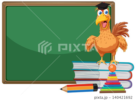 Cartoon Chicken Teacher Standing on Books with Blank Green Chalkboard Cartoon Chicken Teacher Standing on Books with Blank Green Chalkboard 140421692