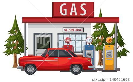Red Sedan Refueling at Classic Gas Station Illustration Red Sedan Refueling at Classic Gas Station Illustration 140421698
