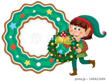 Christmas Elf Character Holding Wreath Next to Large Decorative Frame Christmas Elf Character Holding Wreath Next to Large Decorative Frame 140421699