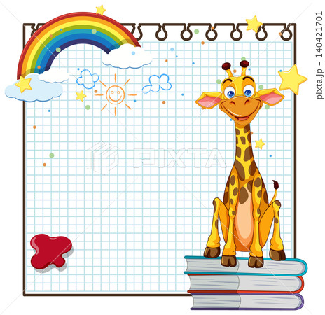 Cartoon Giraffe on Books with Rainbow and Grid Paper Background 140421701