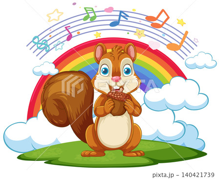 Cartoon Squirrel Holding Acorn with Rainbow and Music Notes Background Cartoon Squirrel Holding Acorn with Rainbow and Music Notes Background 140421739