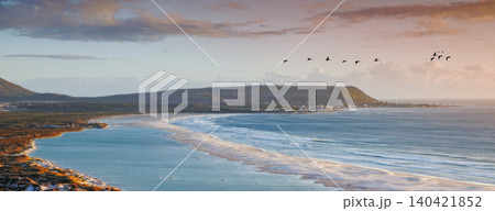 Water, drone and beach sunset with peace, beauty and location tranquility in nature. Aerial view, freedom and ocean sunrise for summer, travel or vacation, holiday or stress relief in South Africa Water, drone and beach sunset with peace, beauty and location tranquility in nature. Aerial view, freedom and ocean sunrise for summer, travel or vacation, holiday or stress relief in South Africa 140421852