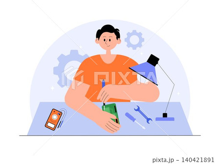 Mobile Repair Shop Illustration Featuring Smartphone Repair Service, Screen Replacement, Device Maintenance, Technical Support, and Gadget Fix 140421891