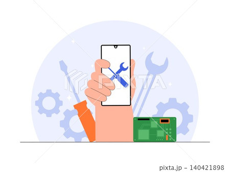 Mobile Repair Shop Illustration Featuring Smartphone Repair Service, Screen Replacement, Device Maintenance, Technical Support, and Gadget Fix Mobile Repair Shop Illustration Featuring Smartphone Repair Service, Screen Replacement, Device Maintenance, Technical Support, and Gadget Fix 140421898