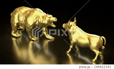Golden Bear And Bull Market Showdown In Darkness 3d Render. Golden Bear And Bull Market Showdown In Darkness 3d Render. 140422141