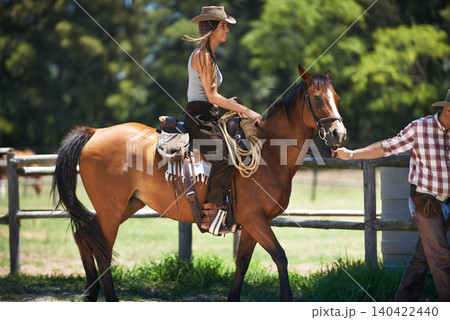Female woman, horse and farm with cowboy, stable and ranch in Texas for pony riding. Stallion, mare and animal paddock for equestrian learning, countryside and lessons for sports for beginner rider Female woman, horse and farm with cowboy, stable and ranch in Texas for pony riding. Stallion, mare and animal paddock for equestrian learning, countryside and lessons for sports for beginner rider 140422440