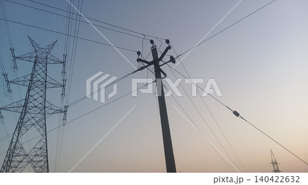 electricity pylon with sunset 140422632