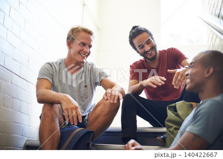 University, stairs and students with laughing, backpack and smile together as friends, classmates and conversation. Campus, school and men in course for education with scholarship, relax and people 140422667