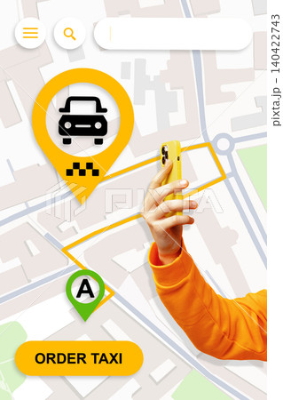 Using a phone to order a taxi on a map with location marked and destination indicated Using a phone to order a taxi on a map with location marked and destination indicated 140422743