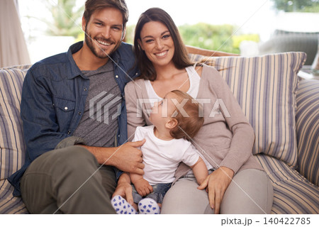 Parents, happy family or portrait of baby in home for support, security or bonding in living room. Relax, boy and toddler with mom or father for love or care for child development, wellness or growth 140422785