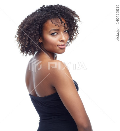 Portrait, black woman with skin and beauty for hair, texture and natural curls with cosmetics on white background. Cosmetology, makeup and haircare for growth, relax with confidence and smile Portrait, black woman with skin and beauty for hair, texture and natural curls with cosmetics on white background. Cosmetology, makeup and haircare for growth, relax with confidence and smile 140423019