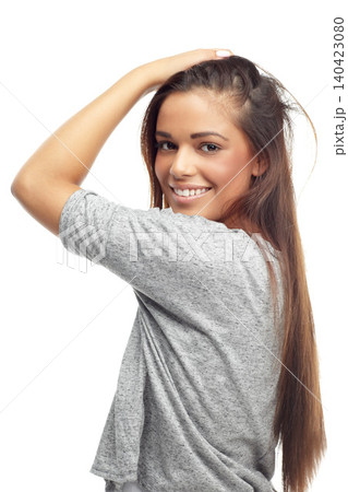 Portrait, woman and smile in studio beauty model, hair and skincare for elegance and confidence. Female person, happy and positive or proud on white background, cosmetics and routine for treatment Portrait, woman and smile in studio beauty model, hair and skincare for elegance and confidence. Female person, happy and positive or proud on white background, cosmetics and routine for treatment 140423080