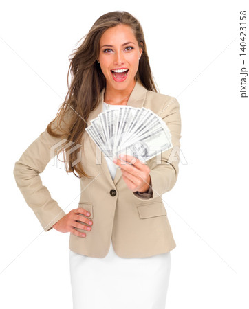 Cash, fan and portrait of woman winning money on studio, white background and mockup. Professional, person and dollars in hand for bonus, giveaway or financial success on investment opportunity 140423158