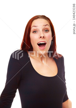 Portrait, excited and surprise with woman, announcement and model isolated on a white studio background. Face, girl and person with expression and shocked with reaction and news with wow and emoji Portrait, excited and surprise with woman, announcement and model isolated on a white studio background. Face, girl and person with expression and shocked with reaction and news with wow and emoji 140423198