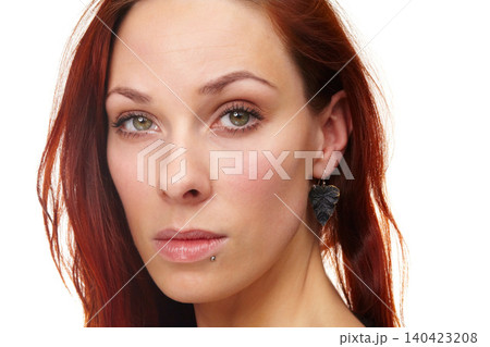 Portrait, beauty and skincare of woman in makeup, shine and healthy skin in studio isolated on white background. Face, ginger and serious model in cosmetics for facial treatment, dermatology and glow 140423208