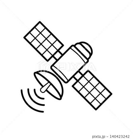 Isometric line art icon of a space satellite transmitter. Clean black and white outline symbol for orbital data transmission and global network. Isometric line art icon of a space satellite transmitter. Clean black and white outline symbol for orbital data transmission and global network. 140423242