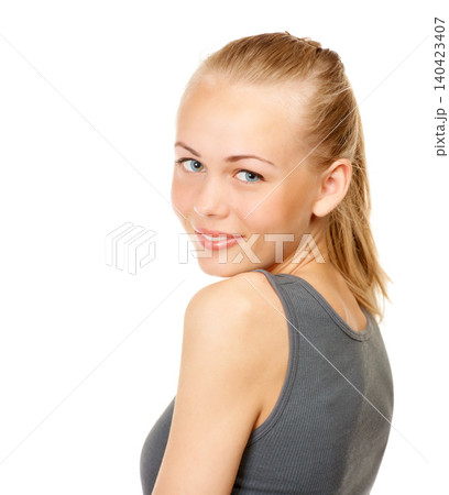 Portrait, fitness and smile with shoulder of woman in studio isolated on white background for workout. Face, exercise and health with happy young athlete looking back for sports or gym training Portrait, fitness and smile with shoulder of woman in studio isolated on white background for workout. Face, exercise and health with happy young athlete looking back for sports or gym training 140423407