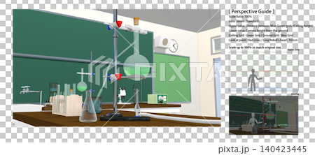 Animation background: [School science lab (with experimental equipment on desks)] with perspective guides for convenient character compositing. 140423445