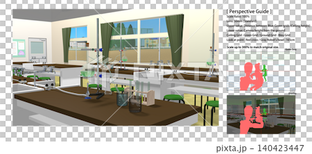 Animation background: [School science lab (with experimental equipment on desks)] with perspective guides for convenient character compositing. 140423447