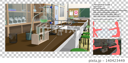 Animation background: [School science lab (with experimental equipment on desks)] with perspective guides for convenient character compositing. 140423449